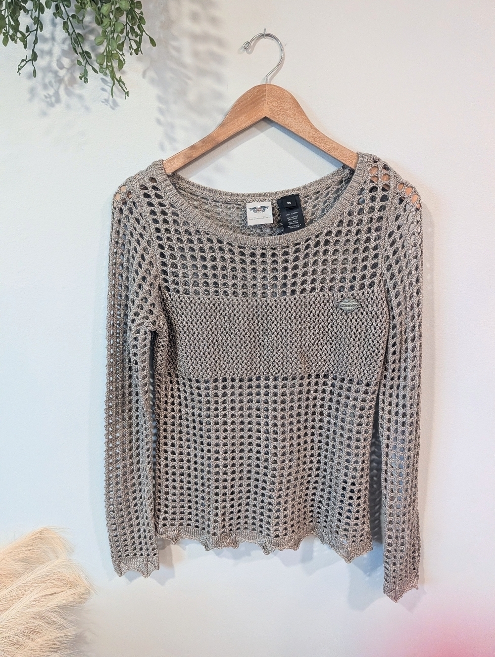 Harley Davidson Open-Knit Long Sleeve Sweater - Taupe Size Xs